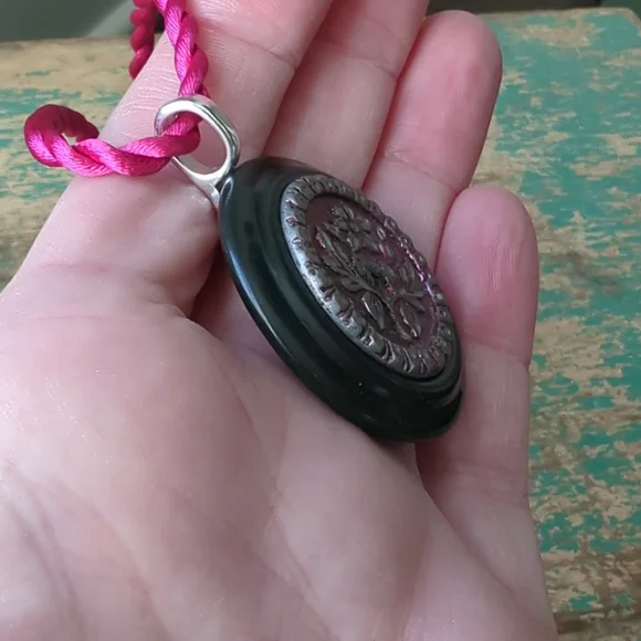 WHIMSY HOUSE I Upcycled Celluloid & Victorian Floral Metal Button Necklace - Picture 6 of 11